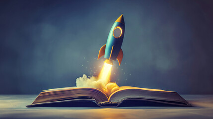 A book with a rocket launching out of it