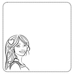 A cartoon brunette girl with a big smile holds a greeting card and a picture frame