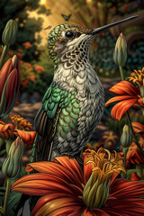 Fototapeta premium A hummingbird is perched on a flower in a garden