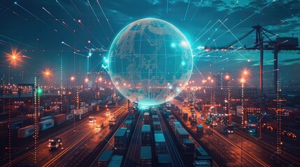 A high-tech advertising banner showing a globe surrounded by various logistic elements like cranes, containers, and vehicles, with digital lines highlighting the global connections