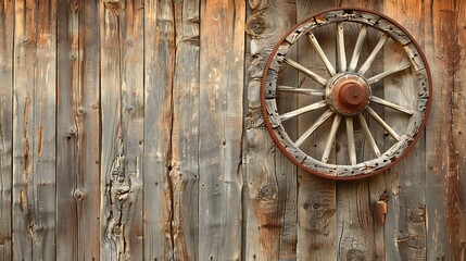 Old-fashioned wagon wheel resting against a rustic wooden backdrop, showcasing the charm of yesteryears.