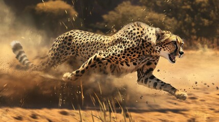 Fototapeta premium close up of a cheetah in full speed across the savanna, dust billowing in its wake, chasing its prey 