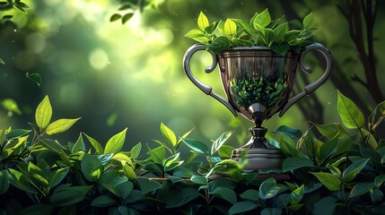 A silver trophy cup filled with green plants, symbolizing environmental achievement.