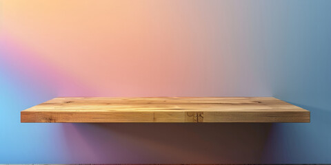 Wooden shelf against a pastel pink wall with sunlight shadows, minimalist and modern interior design element creating a warm and inviting space
