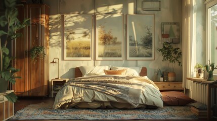 Cozy bedroom with sunlight streaming in, decorated with plants and large framed artwork, creating a serene and inviting atmosphere.