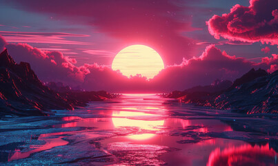 Vivid pink and purple sunset over a serene tropical ocean, Generate AI
