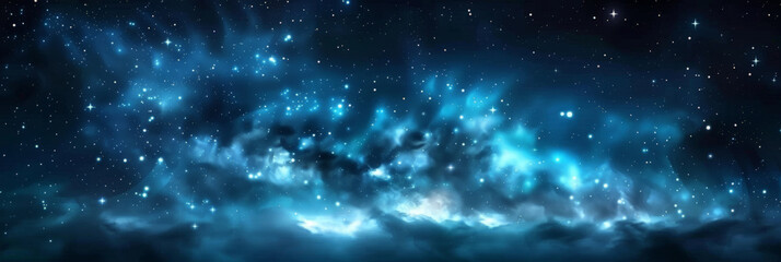 Obraz premium Blue starry galaxy with nebulae and bright stars, showcasing a stunning cosmic landscape filled with vibrant colors and twinkling lights, perfect for space-themed designs and projects. 