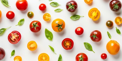 Assorted tomatoes with basil leaves on a white background - Powered by Adobe
