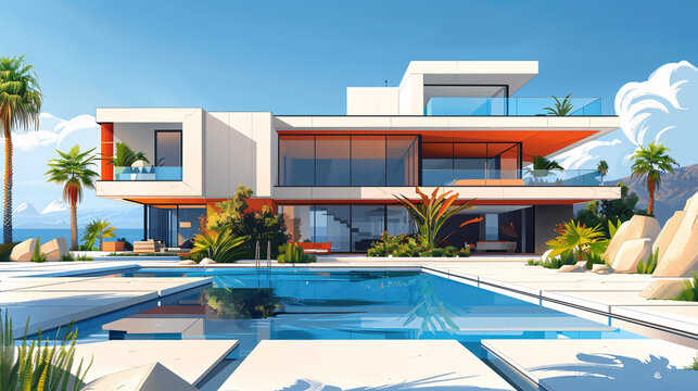 Vector illustration of a modern house with an emphasis on security and protection