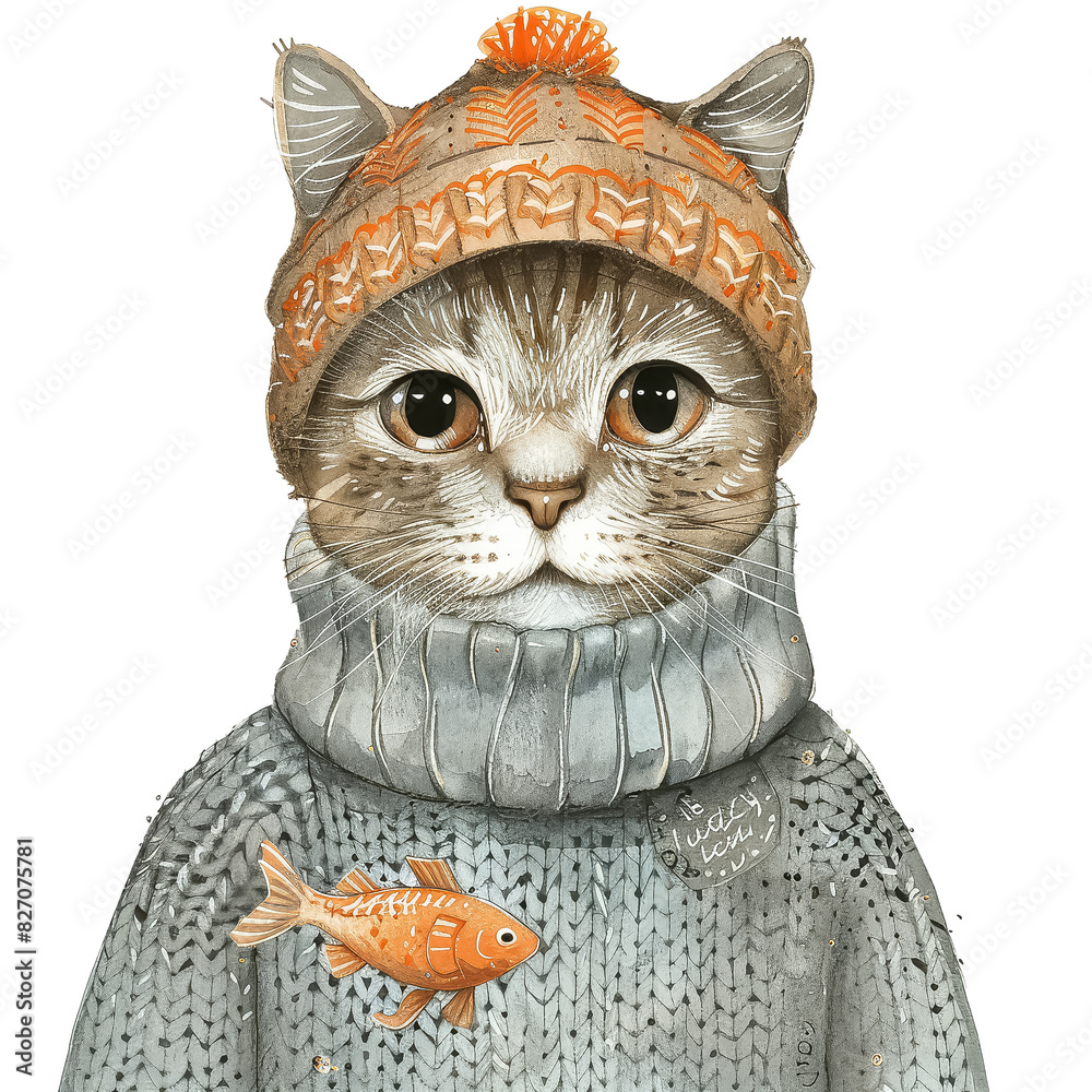 Wall mural A cat wearing a hat and a sweater with a fish on it