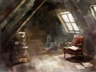 Vintage attic with a cozy chair, stacked books, and sunlight streaming through the window. Perfect space for reading and nostalgia.