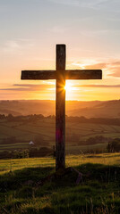 Serene Rural Landscape with Weathered Cross at Sunset, Evoking Peace, Faith, and Spiritual Reflection in Nature