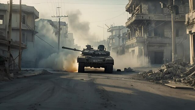 A military tank advances through a war-torn urban street, surrounded by destruction and smoke