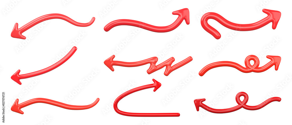 Poster set of red curved arrow isolated on transparent background. 3d render