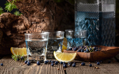 Gin with ingredients on an old wooden table.
