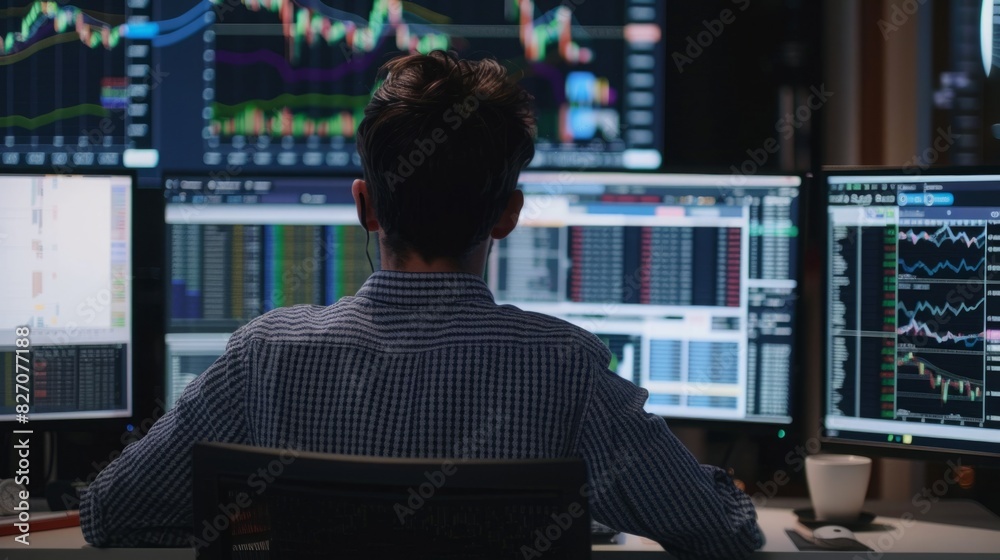 Poster a man concentrated on work, sitting in front of multiple computer monitors, typing and analyzing dat