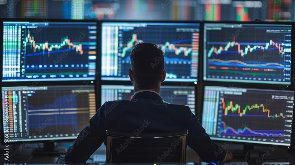 Poster a man is seated in front of several computer monitors, engaged in work or tasks related to technolog