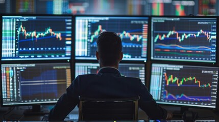 A man is seated in front of several computer monitors, engaged in work or tasks related to technology and information.