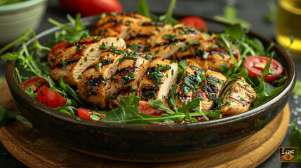 Fresh salad with sliced grilled chicken breast.