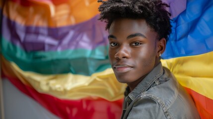 Portrait of a young african american man with a pride LGBTQ flag in the back