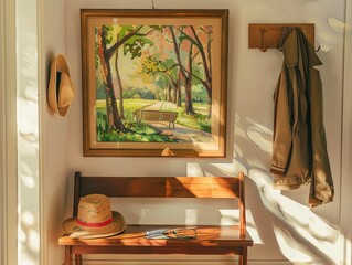 Cozy entryway with painting, wooden bench, and hanging coat. Warm lighting creates an inviting atmosphere. Home decor and interior design.