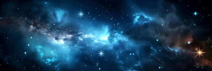 Obraz premium Blue starry galaxy with nebulae and bright stars, showcasing a stunning cosmic landscape filled with vibrant colors and twinkling lights, perfect for space-themed designs and projects. 