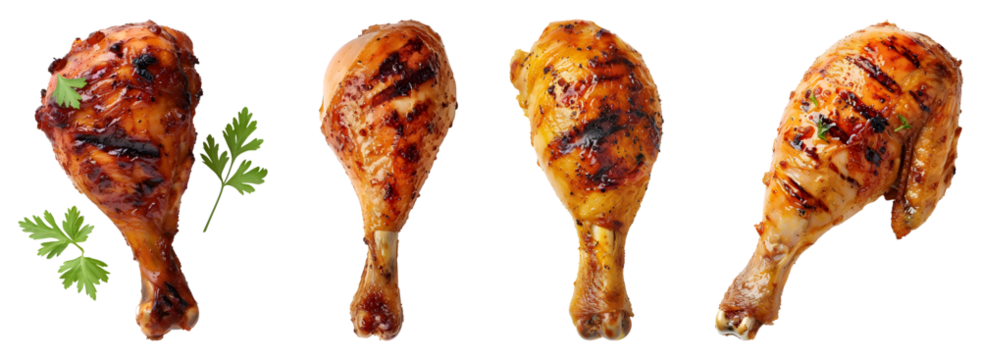 Grilled chicken leg, isolated, PNG set