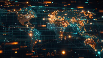 Obraz premium A map of the world depicted with glowing lights in various colors, representing cities and urban areas.