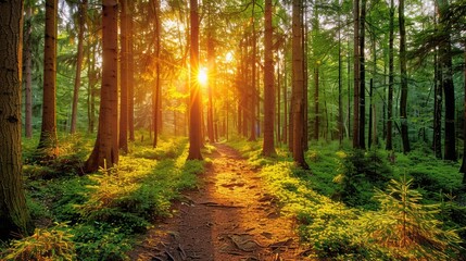 Obraz premium Tranquil Forest Pathway: Sunlight Filtering Through Trees in Serene Woodland Trail