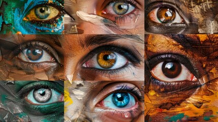 featuring a mosaic of eyes from various ethnic backgrounds, including Asian, Hispanic, Caucasian, and African descents, focusing on the uniqueness of each, collage, ethnic group