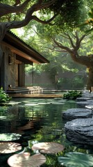 Fototapeta premium Modern House by the Pond with Surrounding Trees