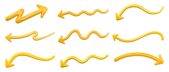 Set of Yellow Curved Arrow Isolated on transparent background. 3D Render