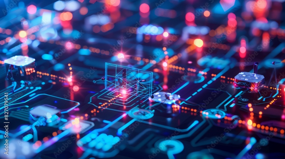 Poster a detailed view of a computer circuit board showing various electronic components and pathways.