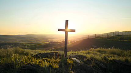 Serene Rural Landscape with Weathered Cross at Sunset, Evoking Peace, Faith, and Spiritual Reflection in Nature