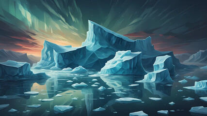 Icebergs northlights heaven illustration