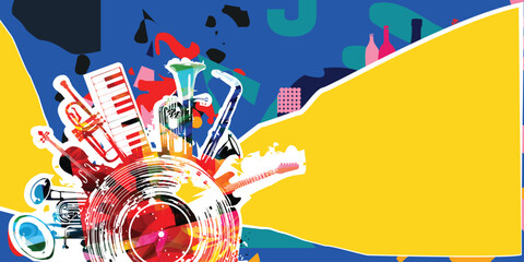 Music background with colorful music instruments and vinyl record disc vector illustration. Music festival poster with double bell euphonium, violoncello, trumpet, piano, euphonium, sax and guitar. © abstract