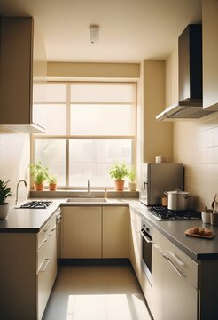 A kitchen with a window that has the blinds open