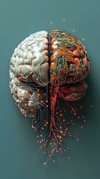 Futuristic brain with half biological and half circuit, symbolizing the convergence of human intellect and artificial intelligence.