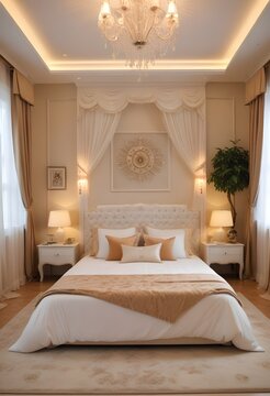 A bedroom with a bed and a lamp on the wall

