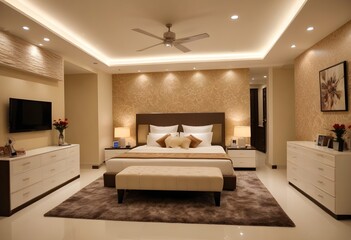 A bedroom with a bed, a dresser, and a rug