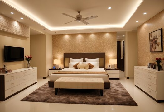 A bedroom with a bed, a dresser, and a rug