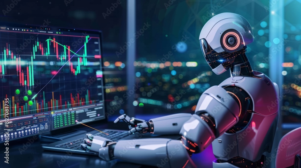 Poster a robot sitting in front of a computer, focusing on the screen and possibly interacting with the tec