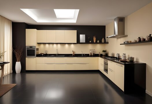 A kitchen with a black countertop and a black countertop with a bowl of fruit on it