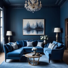 A blue room with a couch and a chandelier hanging from the ceiling