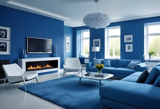 A blue living room with a fireplace and a television on the wall