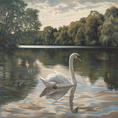 Fototapeta premium The Swan Glides Across the Serene Pond