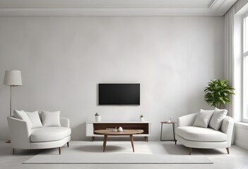 A living room with a TV and a couch with pillows and a TV on the wall