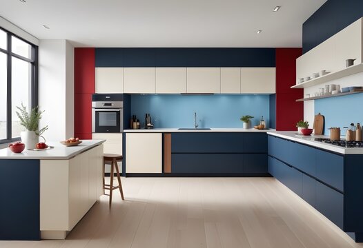 A kitchen with a blue and red wall and a stove top oven