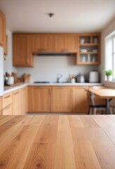 A kitchen with a wooden table and a window with a plant on the top