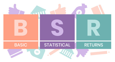 BSE, BASIC STATISTICAL RETURNS acronym. Concept with keyword and icons. Flat vector illustration. Isolated on white.